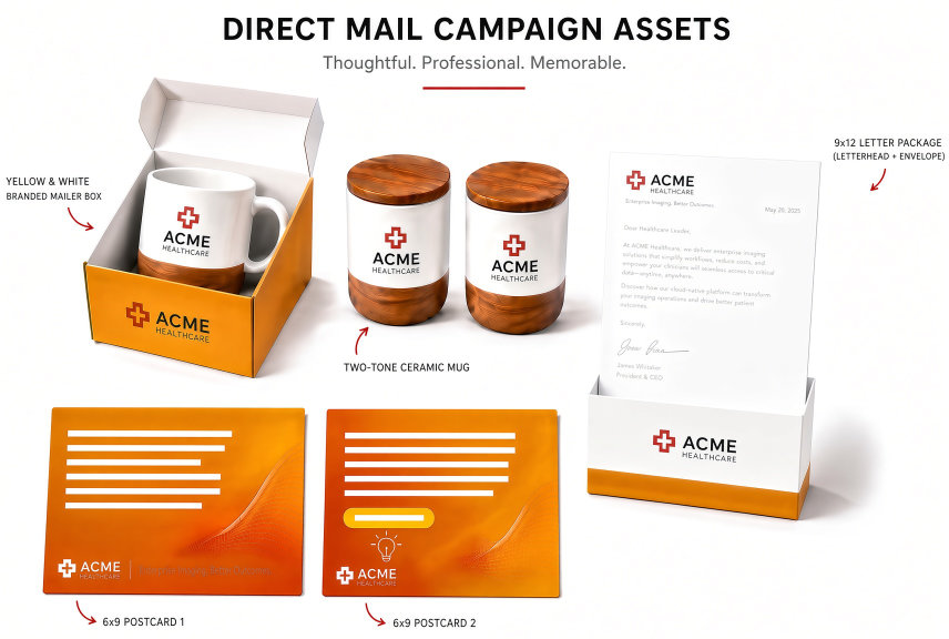Direct mail campaign assets. Personalized coffee mugs, letters, postcards.